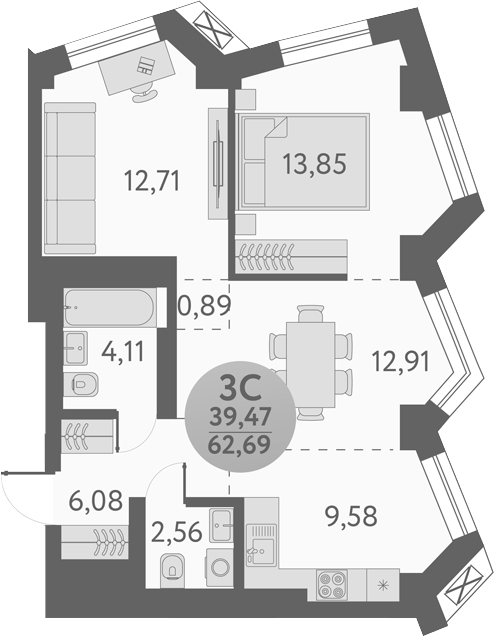 Планировка 3е-к.кв 62.69 м² в ЖК «Урбан Пикс»