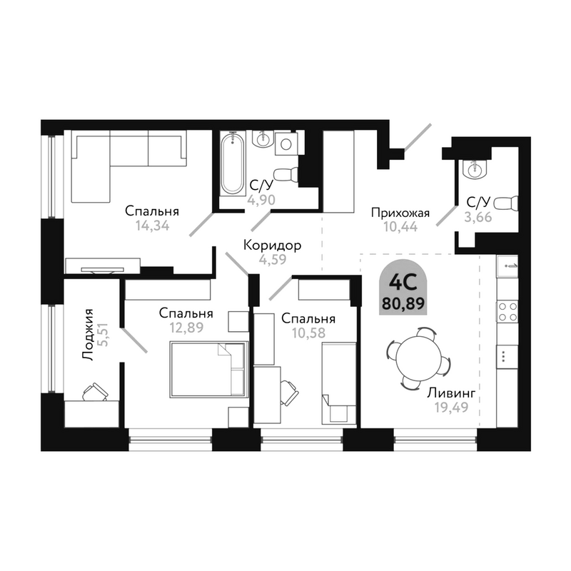 Планировка 4е-к.кв 80.89 м² в ЖК «Квартал 1604. Томск»