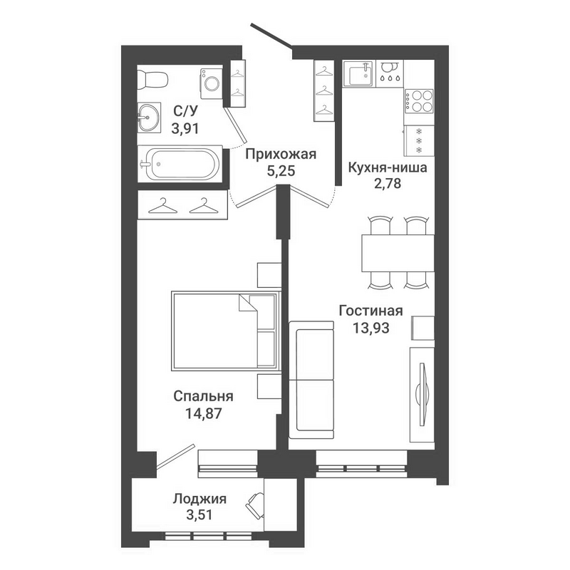 Планировка 2е-к.кв 40.74 м² в ЖК «Державина 50»