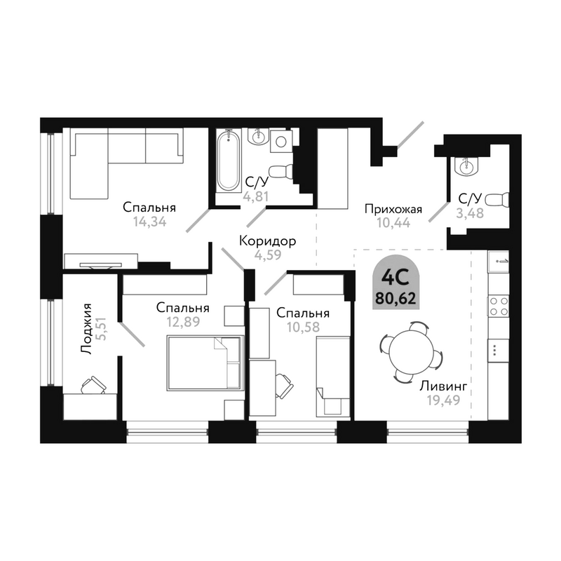 Планировка 4е-к.кв 80.62 м² в ЖК «Квартал 1604. Томск»
