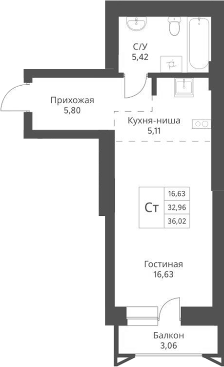 Планировка студии 34.84 м² в ЖК «Актив»