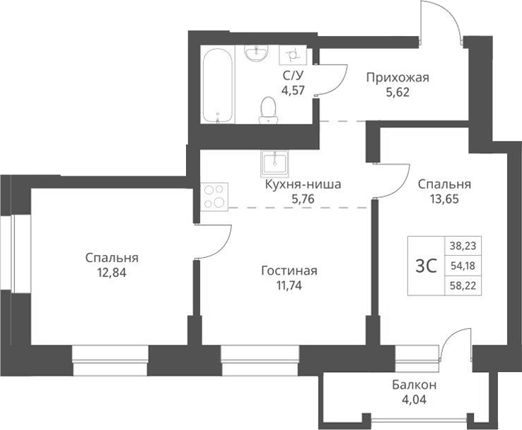 Планировка 3е-к.кв 53.18 м² в ЖК «Актив»