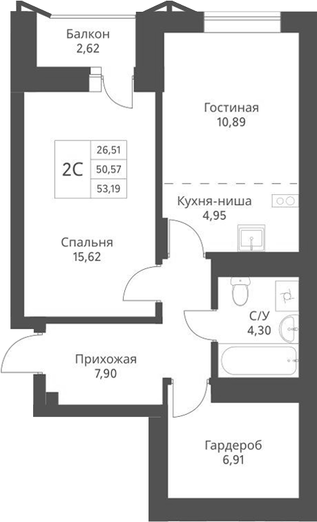 Планировка 2е-к.кв 52.68 м² в ЖК «Актив»