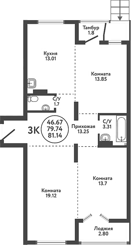 Планировка 3-к.кв 81.64 м² в ЖК «Экополис»