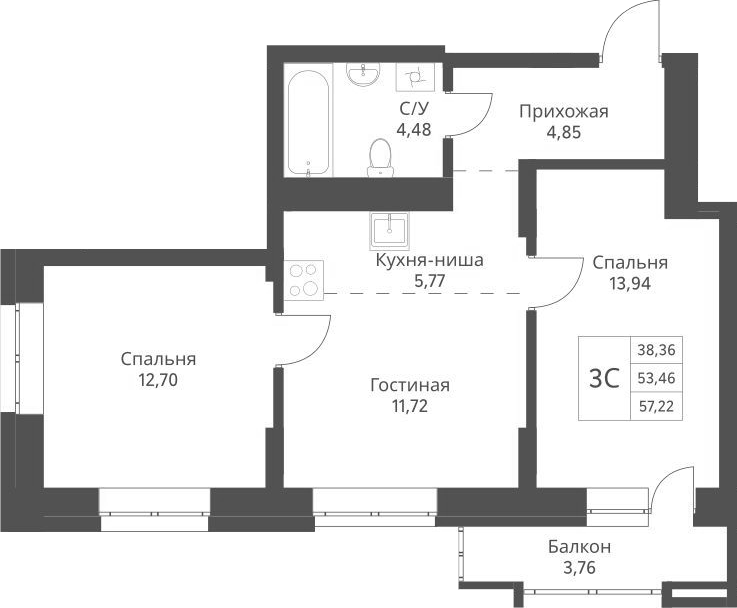 Планировка 3е-к.кв 53.46 м² в ЖК «Актив»