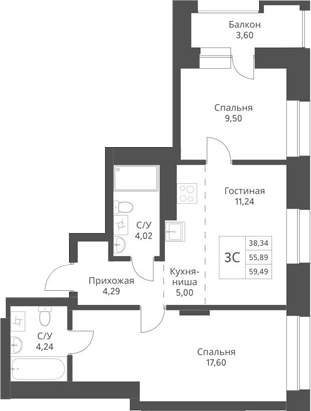 Планировка 3е-к.кв 55.89 м² в ЖК «Актив»