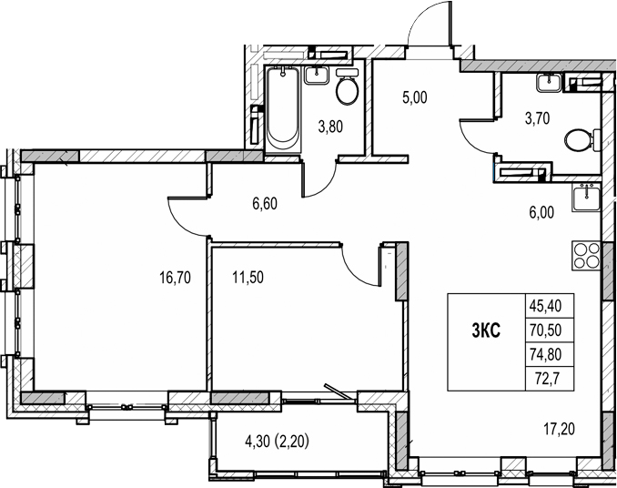 Планировка 3е-к.кв 70.50 м² в ЖК «Автограф»