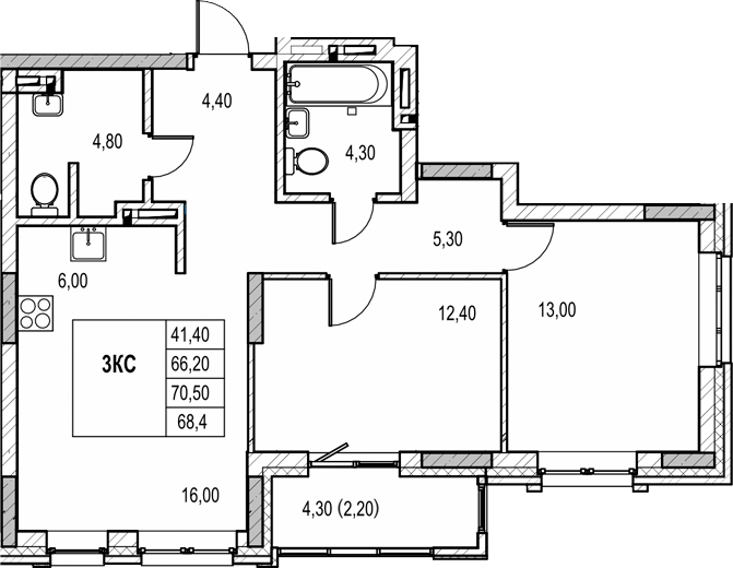 Планировка 3е-к.кв 66.20 м² в ЖК «Автограф»