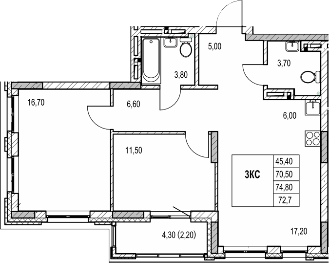 Планировка 3е-к.кв 70.50 м² в ЖК «Автограф»