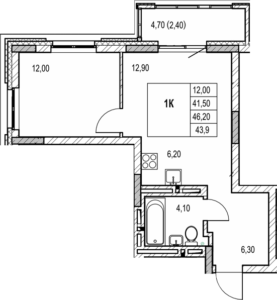 Планировка 1-к.кв 41.50 м² в ЖК «Автограф»