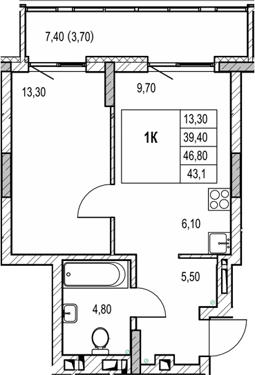 Планировка 1-к.кв 39.40 м² в ЖК «Автограф»