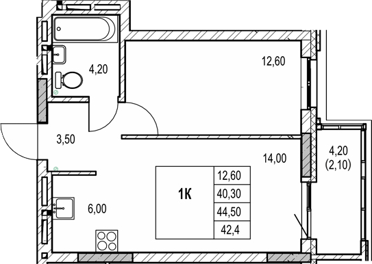 Планировка 1-к.кв 40.30 м² в ЖК «Автограф»