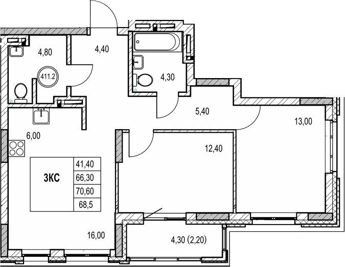 Планировка 3е-к.кв 66.30 м² в ЖК «Автограф»