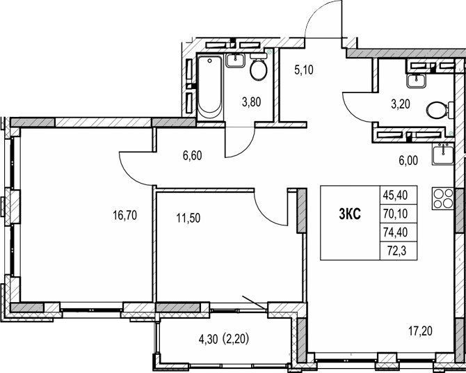 Планировка 3е-к.кв 70.10 м² в ЖК «Автограф»