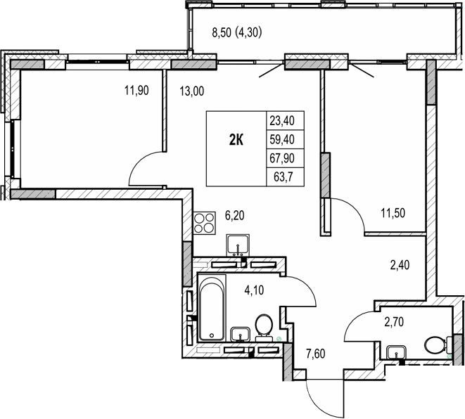 Планировка 2-к.кв 59.40 м² в ЖК «Автограф»