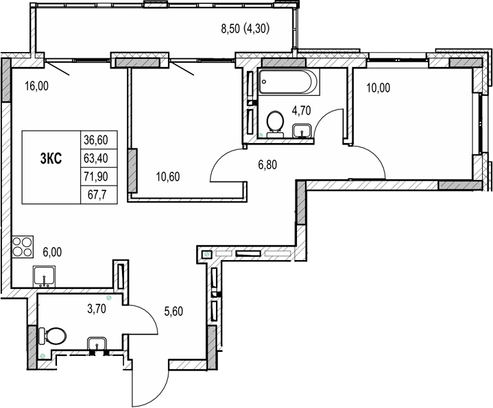 Планировка 3е-к.кв 63.40 м² в ЖК «Автограф»