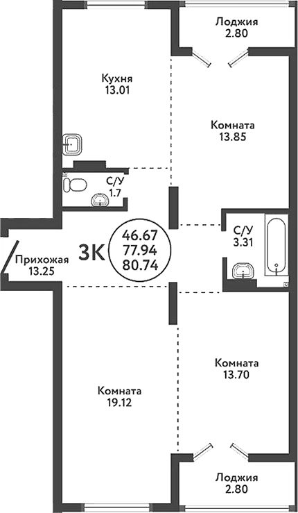 Планировка 3-к.кв 77.94 м² в ЖК «Экополис»
