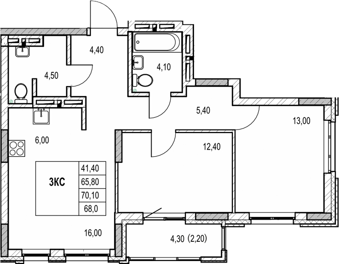 Планировка 3е-к.кв 65.80 м² в ЖК «Автограф»