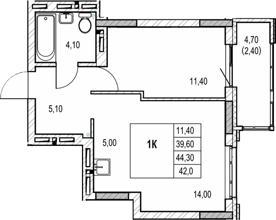 Планировка 1-к.кв 39.60 м² в ЖК «Автограф»