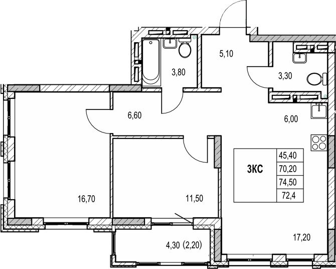 Планировка 3е-к.кв 70.20 м² в ЖК «Автограф»