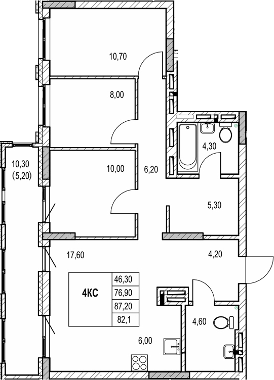 Планировка 4е-к.кв 76.90 м² в ЖК «Автограф»