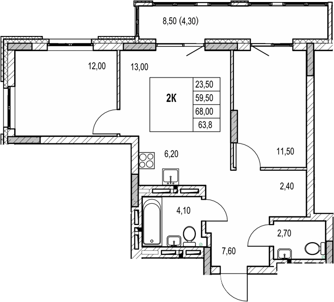Планировка 2-к.кв 59.50 м² в ЖК «Автограф»