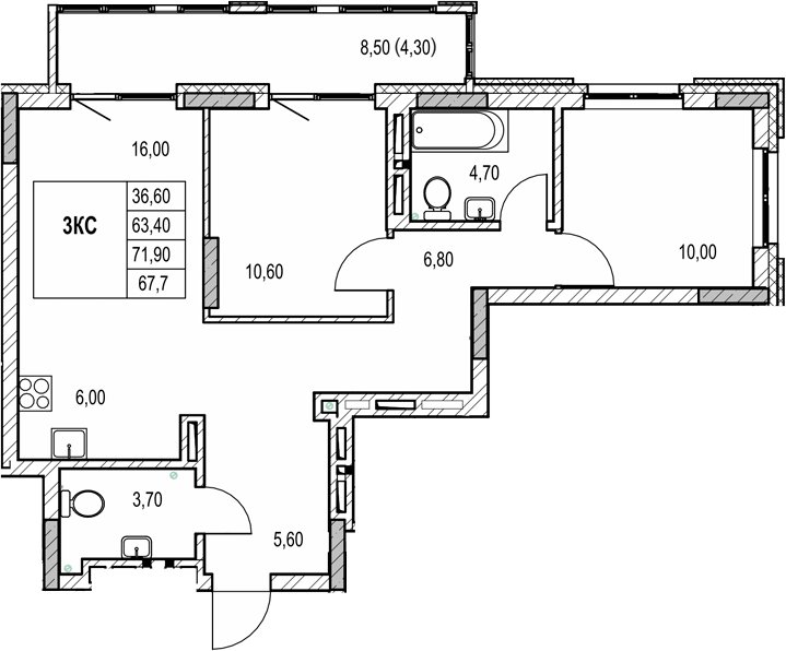 Планировка 3е-к.кв 63.40 м² в ЖК «Автограф»