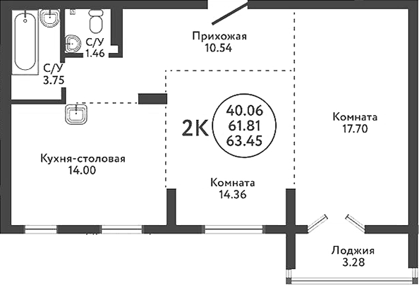 Планировка 3е-к.кв 61.81 м² в ЖК «Экополис»