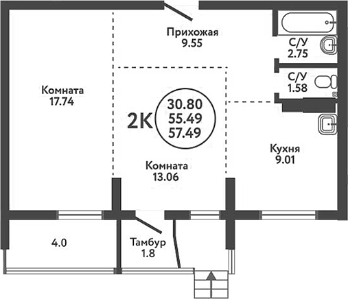 Планировка 2-к.кв 60.19 м² в ЖК «Экополис»