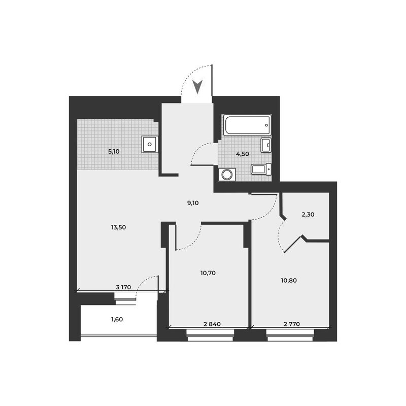 Планировка 3е-к.кв 56.00 м² в ЖК «ДНК»