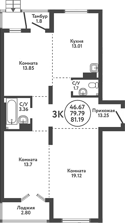 Планировка 3-к.кв 81.69 м² в ЖК «Экополис»