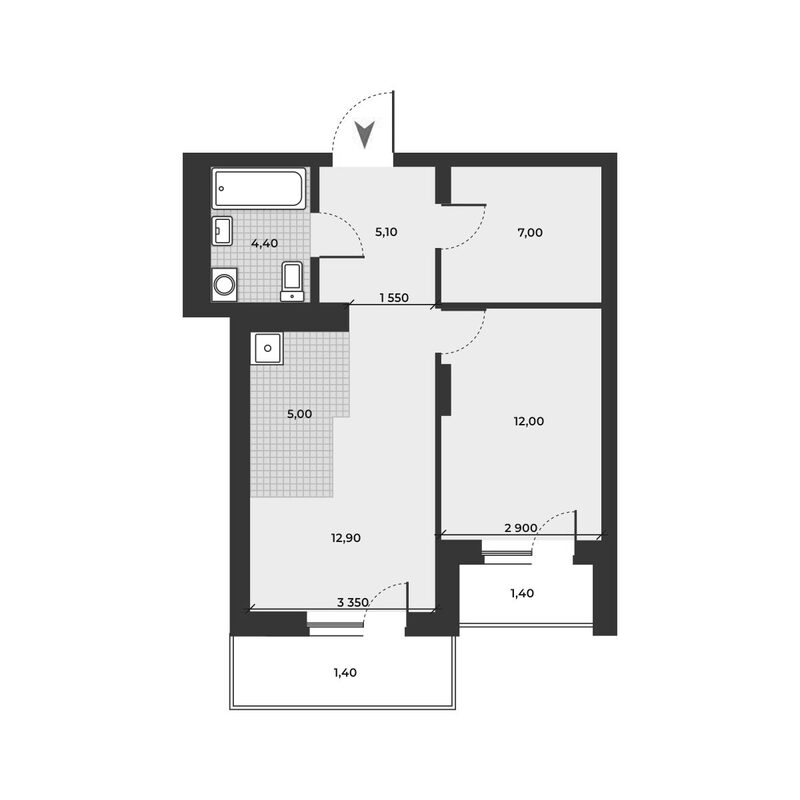 Планировка 2е-к.кв 46.40 м² в ЖК «ДНК»