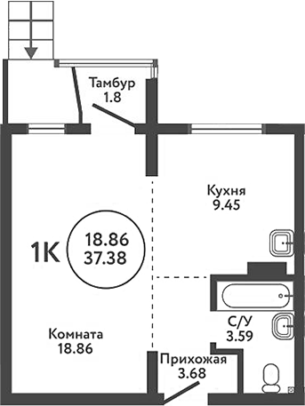 Планировка 1-к.кв 39.75 м² в ЖК «Экополис»