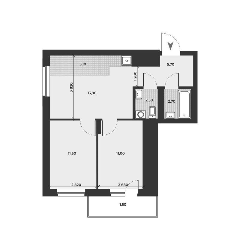 Планировка 3е-к.кв 52.40 м² в ЖК «ДНК»