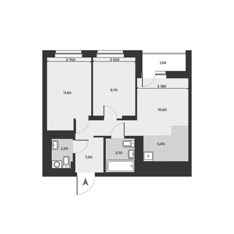 Планировка 3е-к.кв 50.60 м² в ЖК «ДНК»