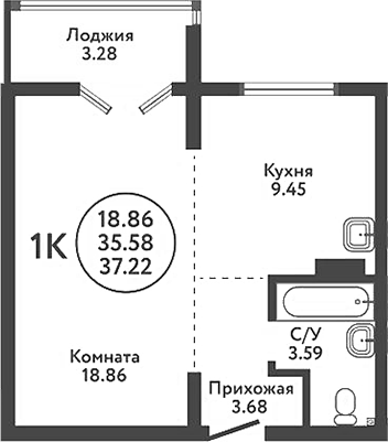 Планировка 1-к.кв 35.58 м² в ЖК «Экополис»