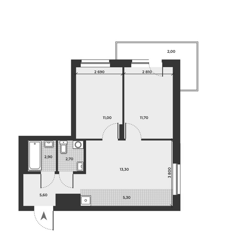 Планировка 3е-к.кв 52.50 м² в ЖК «ДНК»