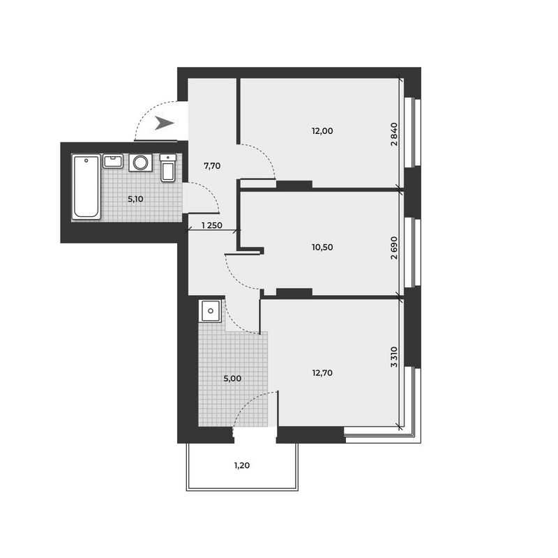 Планировка 3е-к.кв 53.00 м² в ЖК «ДНК»