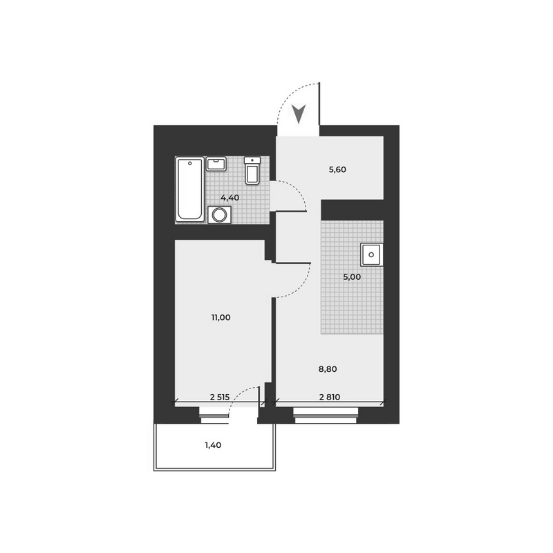 Планировка 2е-к.кв 34.80 м² в ЖК «ДНК»