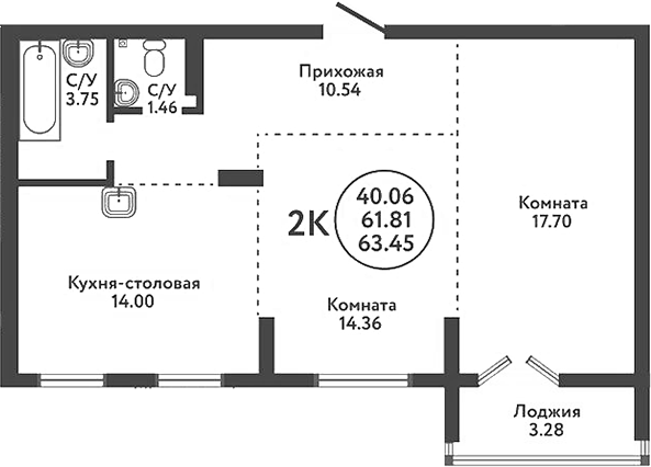 Планировка 3е-к.кв 61.81 м² в ЖК «Экополис»