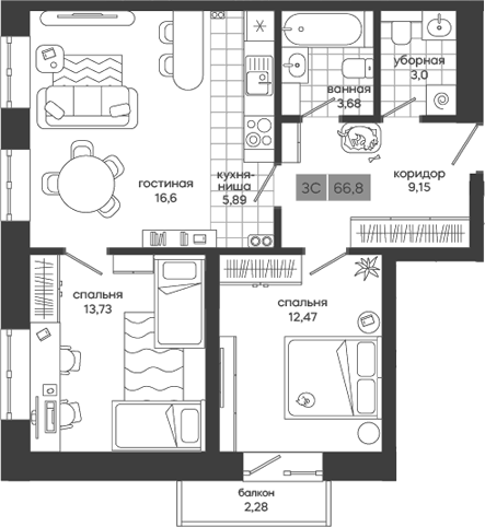 Планировка 3е-к.кв 64.52 м² в ЖК «Дом у леса Белкин»