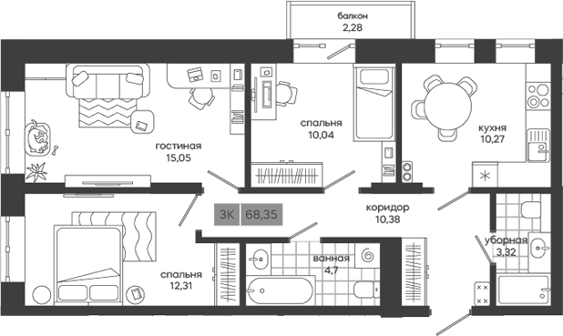Планировка 3-к.кв 66.07 м² в ЖК «Дом у леса Белкин»