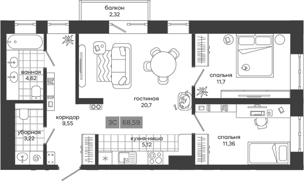 Планировка 3е-к.кв 66.27 м² в ЖК «Дом у леса Белкин»