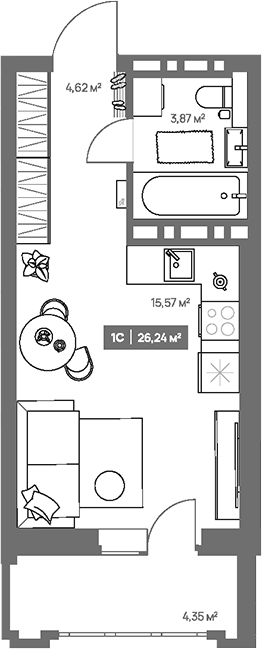 Планировка студии 24.07 м² в ЖК «НОВА. Кемерово»