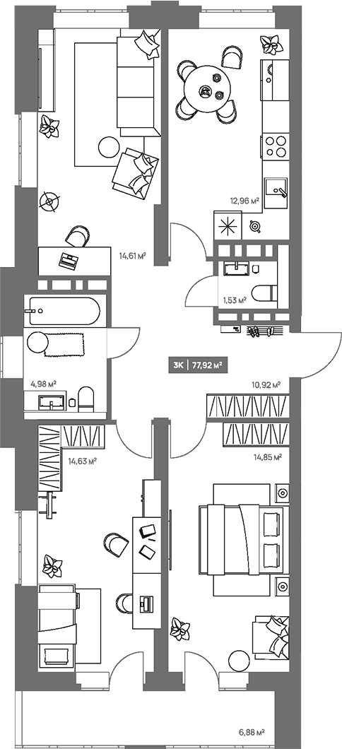 Планировка 3-к.кв 74.48 м² в ЖК «НОВА. Кемерово»