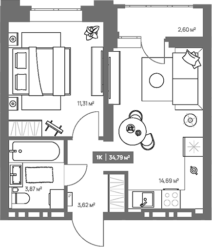 Планировка 1-к.кв 33.49 м² в ЖК «НОВА. Кемерово»