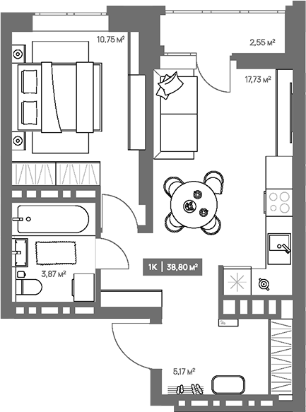 Планировка 1-к.кв 37.53 м² в ЖК «НОВА. Кемерово»