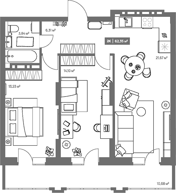 Планировка 2-к. квартира 59.15 м² в ЖК «НОВА. Кемерово»