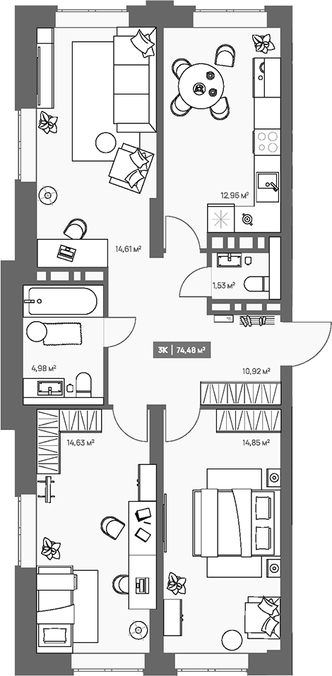 Планировка 3-к. квартира 74.48 м² в ЖК «НОВА. Кемерово»