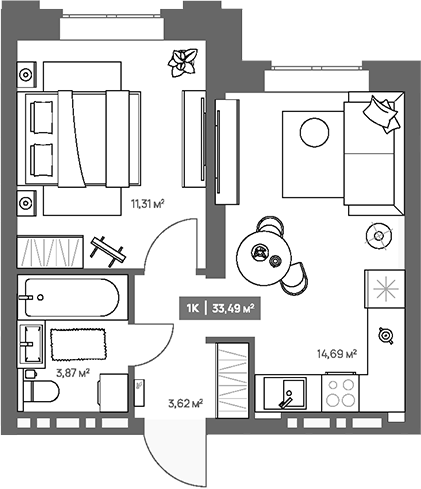 Планировка 1-к.кв 33.49 м² в ЖК «НОВА. Кемерово»